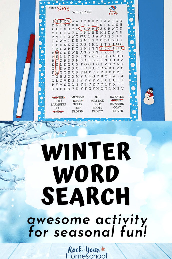 free printable winter word search with red marker and snowman mini-eraser on blue paper and winter background with icicles on tree and white wood