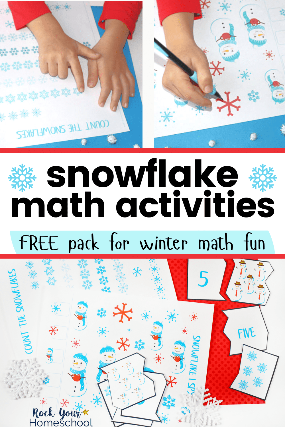 Boy counting snowflakes, doing a snowflake I Spy, and snowflake math puzzles to feature how much fun your kids will have with this free snowflake math activities pack