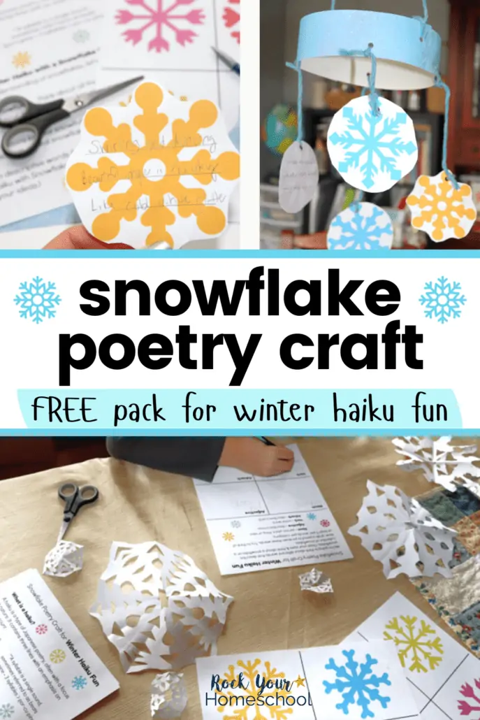 Woman holding a paper snowflake with winter haiku, snowflake mobile with haiku poems, and boy using free snowflake poetry craft pack to write a winter haiku with paper snowflakes