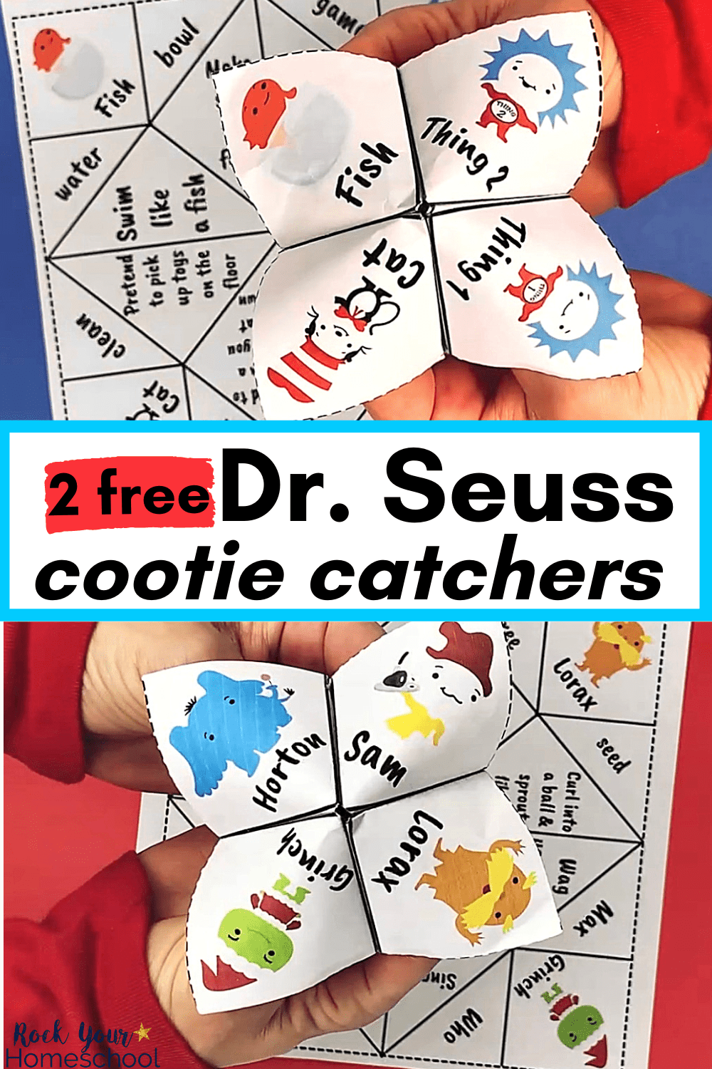 Boy holding free Dr. Seuss-Inspired cootie catchers featuring Cat in the Hat, Fish, Thing 1, Thing 2, Horton the Elephant, Sam I Am, Grinch, and The Lorax
