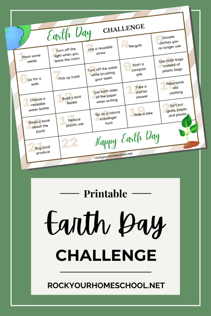 Earth Day Challenge for kids printable with planet Earth  and seedling on green background