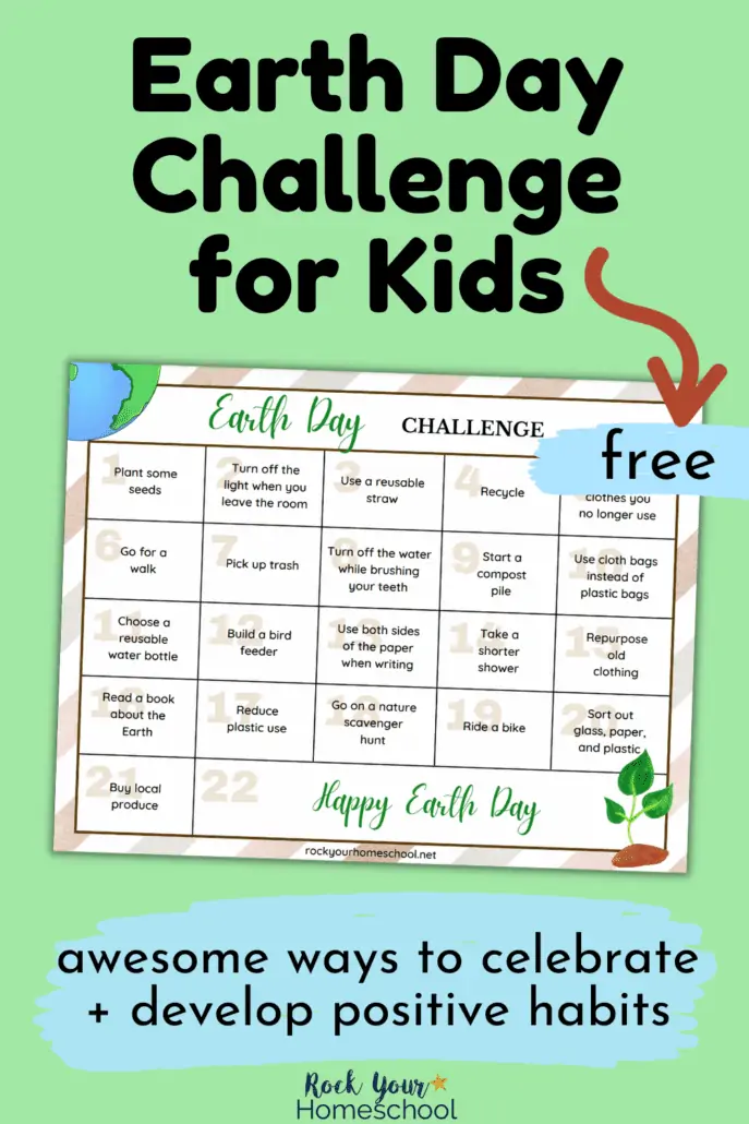 free printable Earth Day Challenge for Kids chart with planet Earth and seedling on light green background