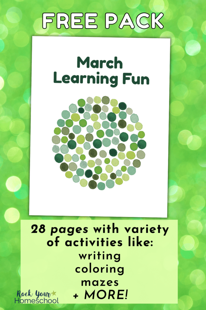 March Learning Fun activities pack cover on green bokah background