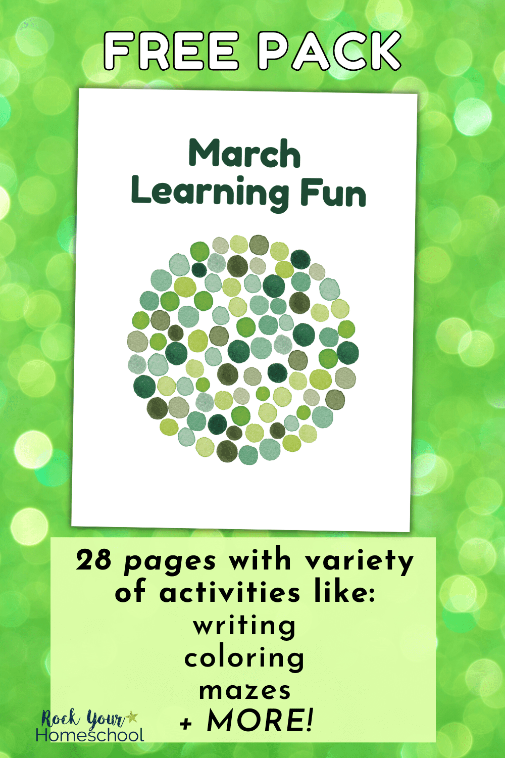 March Learning Fun activities pack cover on green bokah background