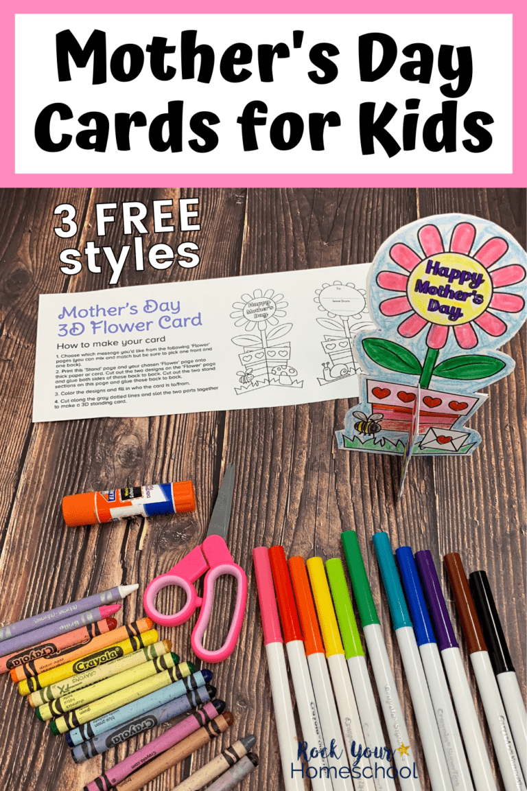 3D Happy Mother's Day card on flower plot with printable page on wood background with crayons, markers, pink scissors, and glue stick