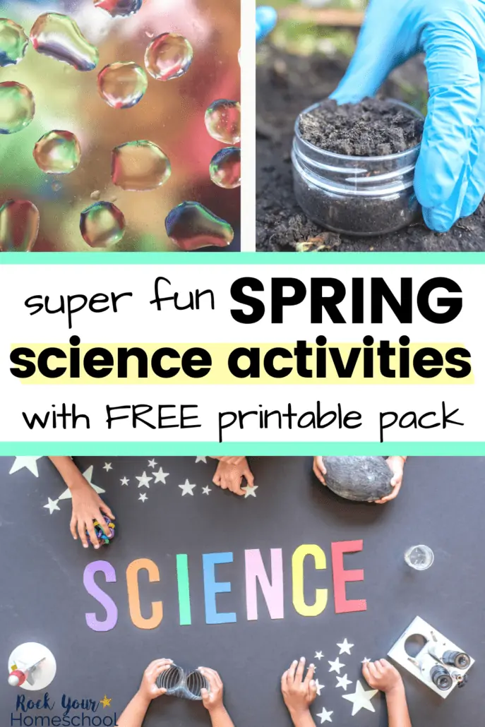 Water droplets on slide, child with blue gloves on taking soil sample, and  SCIENCE in rainbow of construction paper letters with children holding variety of science-themed objects