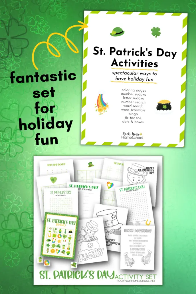 St. Patrick\'s Day activities pack cover page with mock-up of printable pages included in the pack like games, coloring pages, and more on green background with clovers