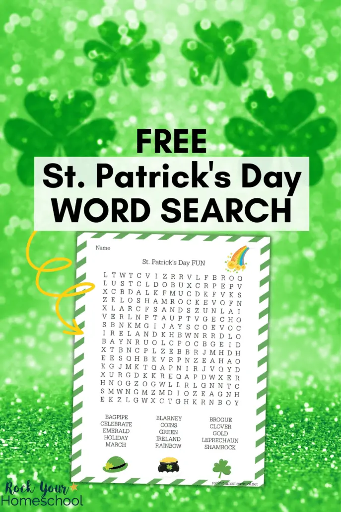 free St. Patrick's Day word search on green glitter background with four-leaf clovers