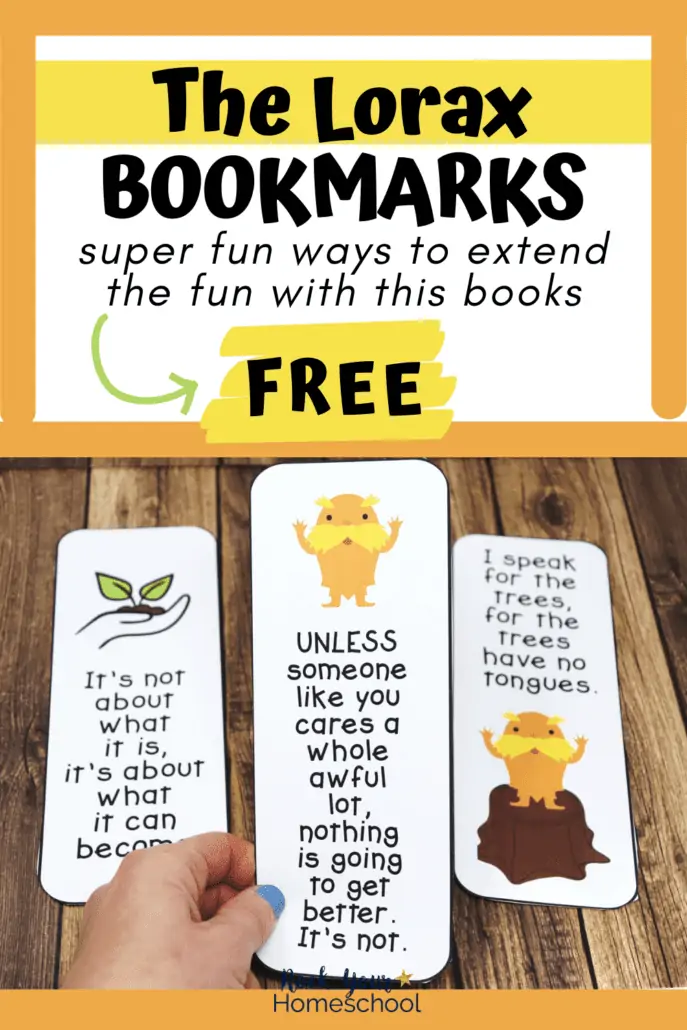 Woman holding printable Lorax bookmark with two others on wood background