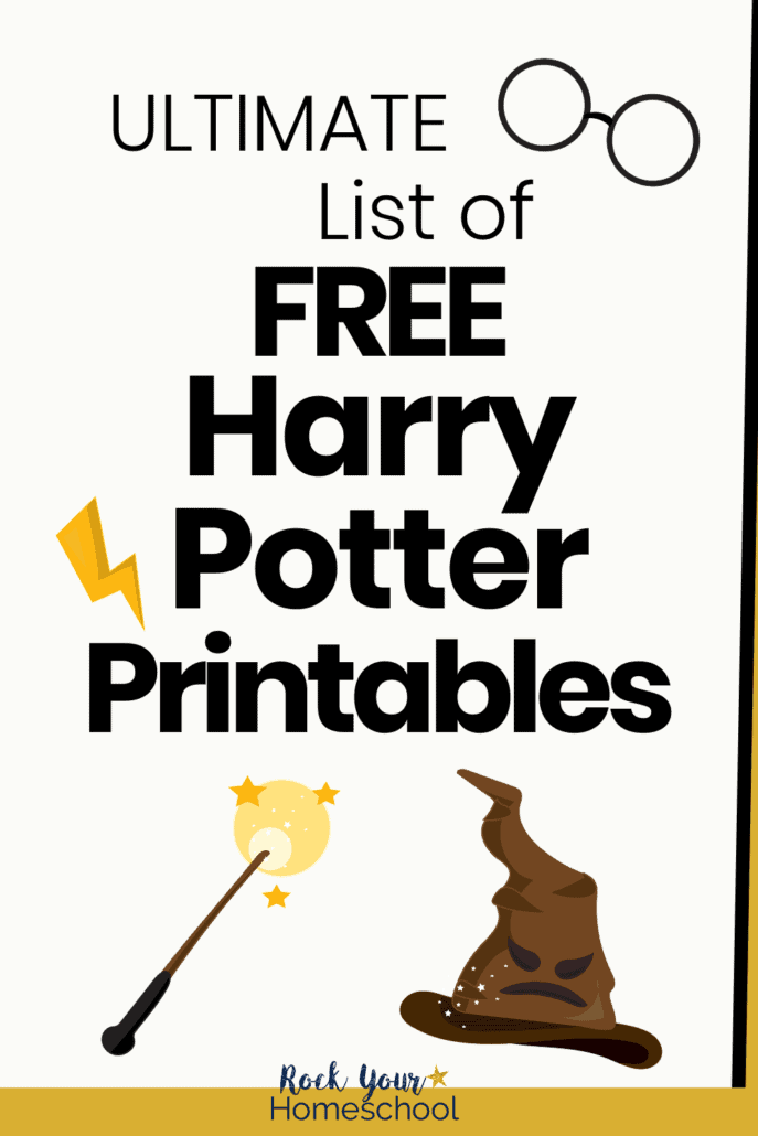 Harry Potter glasses, lightning bolt, magic wand, sorting wand featuring how you can use this ultimate list of free Harry Potter-inspired printables for magical fun