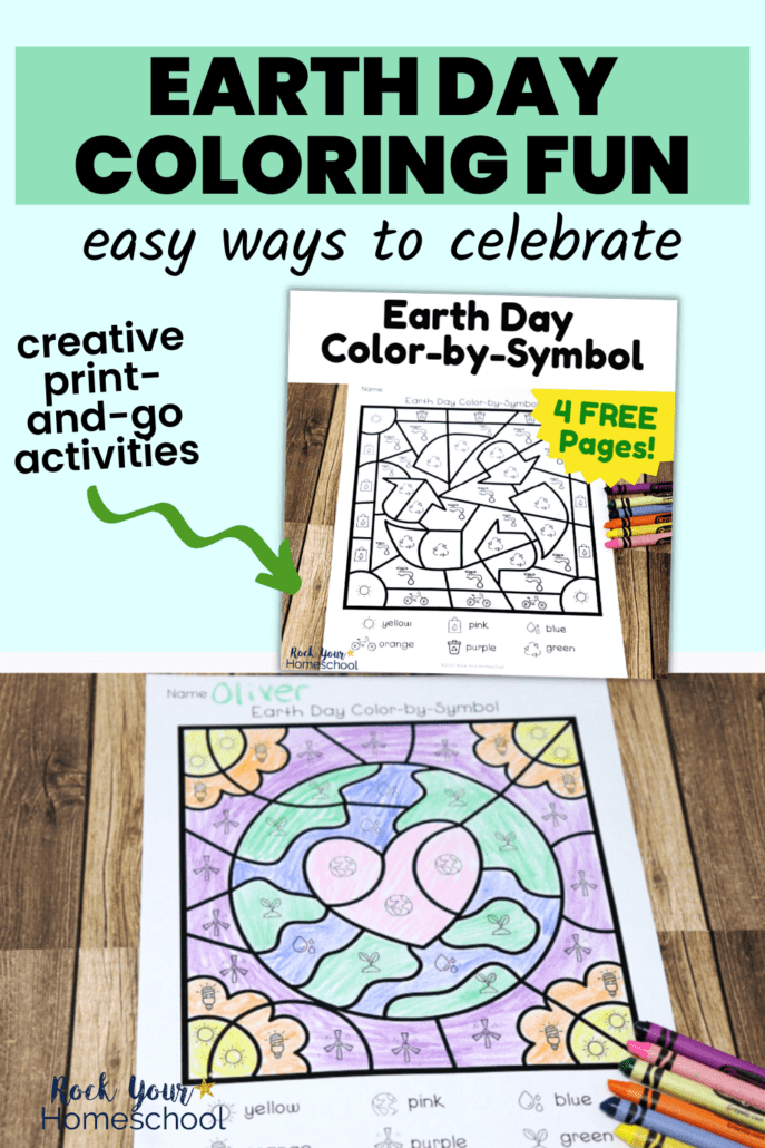 Earth Day color by symbol pages with crayons on wood background