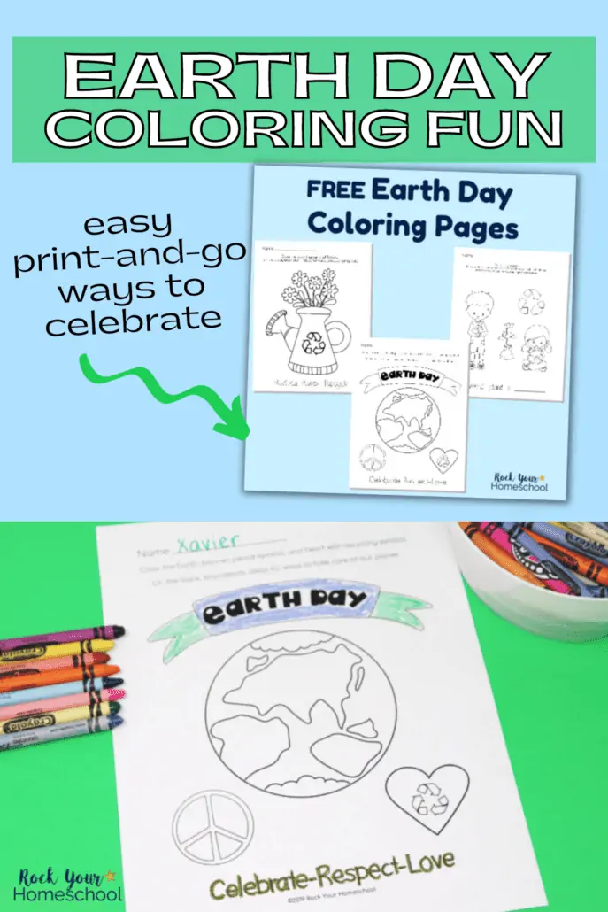 3 free printable Earth Day coloring pages for kids with crayons on bright green background