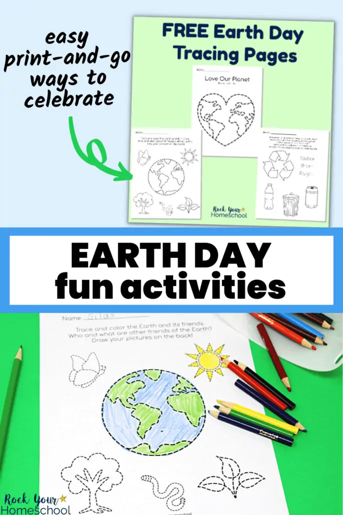 3 free printable Earth Day tracing pages with color pencils on bright green background 