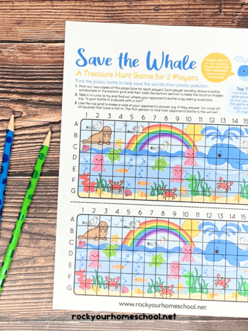 Example of free printable Earth Day treasure hunt game to Save the Whale with blue and green pencils and yellow star-shaped pencil sharpener.
