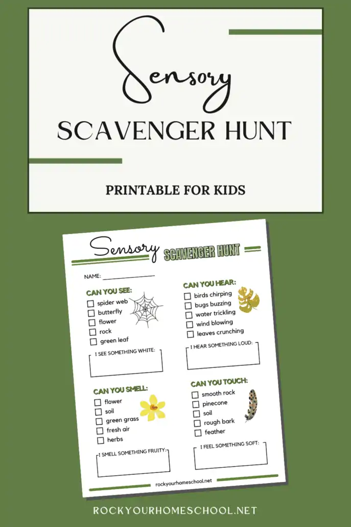 free printable sensory scavenger hunt for kids on green background