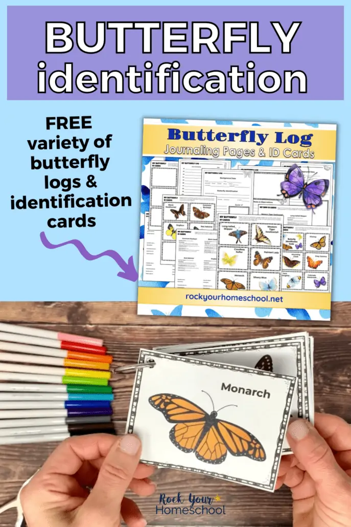 Butterfly Log Journaling Pages and ID Cards and woman holding Monarch butterfly identification card on loose binder ring with other cards and rainbow of markers on wood background