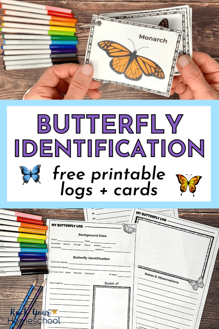 Woman holding Monarch butterfly identification card on loose binder ring with rainbow of markers on wood background and butterfly printables featuring different logs with pencils