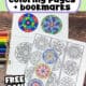 Examples of easy mandala coloring pages and bookmarks with color pencils.