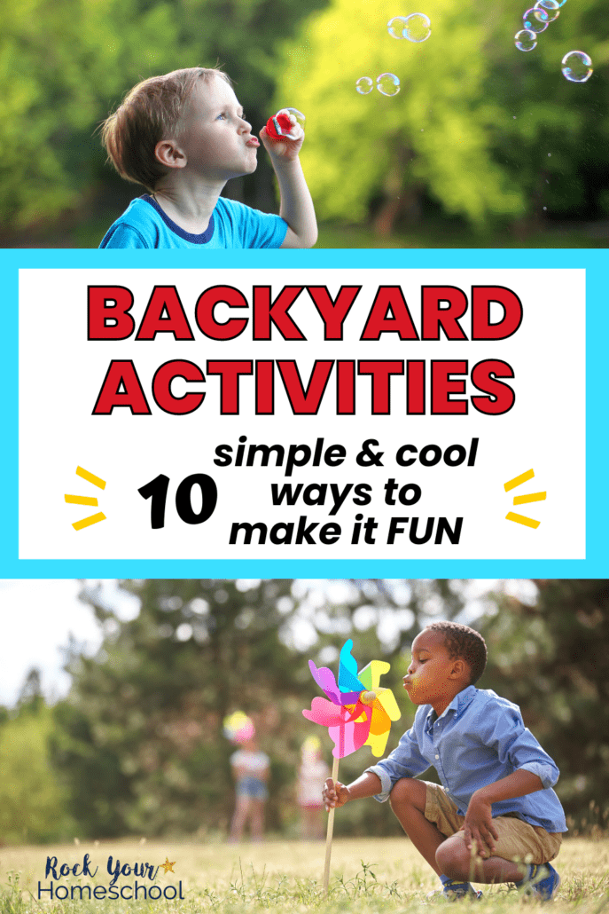 Young boy blowing bubbles and boy holding rainbow pinwheel to feature 10 fun backyard activities