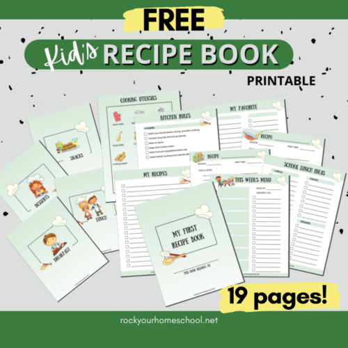 This free printable recipe book for kids includes 19 pages with a variety of ways to teach kitchen safety skills, record recipes, meal plan, and more. Fantastic for writing fun and making a special keepsake!