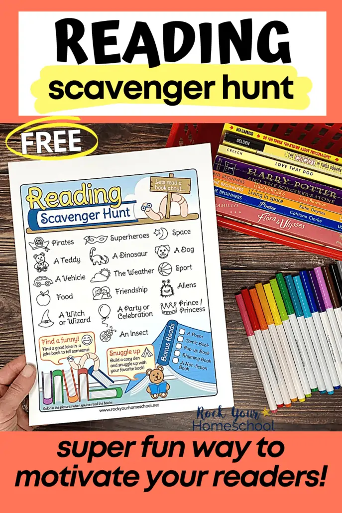 Woman holding free printable reading scavenger hunt with a rainbow of fine tip markers and red basket of books on wood background