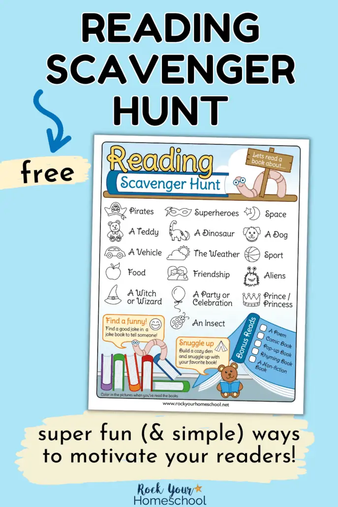 free printable reading scavenger hunt for kids on blue background
