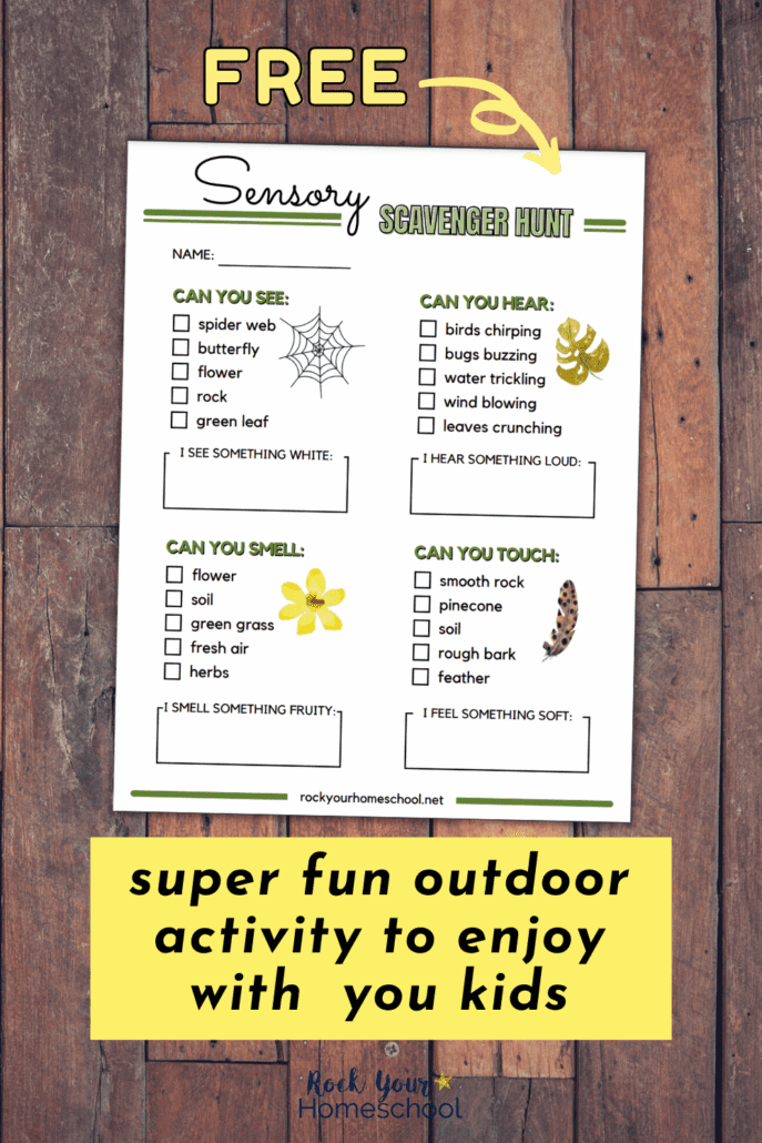 free printable sensory scavenger hunt for kids on wood background