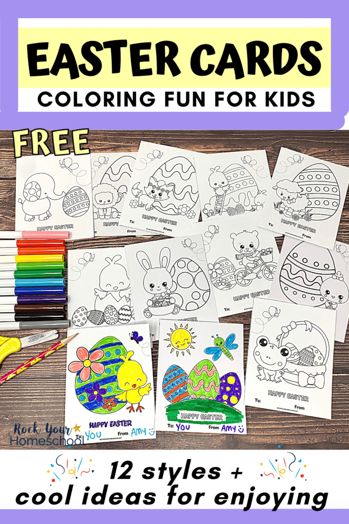 12 free printable Easter cards for kids with rainbow of markers, yellow scissors, and pink pencil on wood background