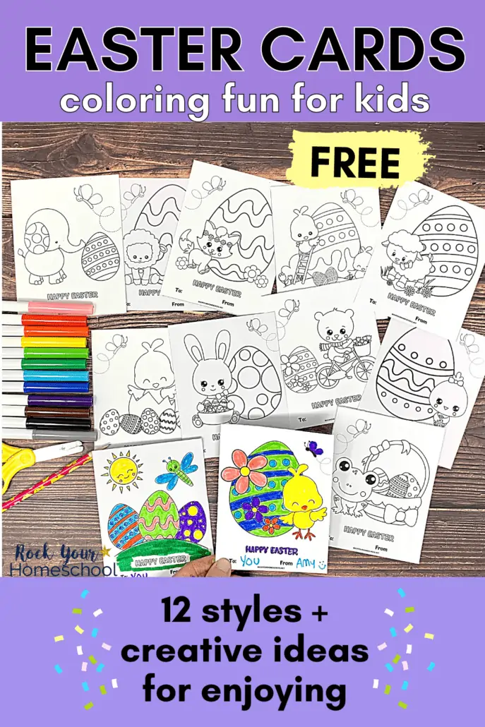 Woman holding Happy Easter cards with chick and Easter egg with other free printable Easter cards for kids in the background with rainbow of markers, yellow scissors, and pink pencil