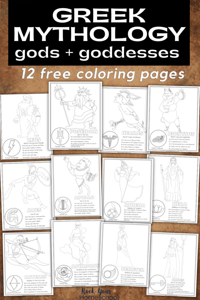 12 free printable Greek mythology coloring pages featuring gods and goddeses including Zeus, Hera, Aphrodite, Poseidon, and more with crayons on wood background