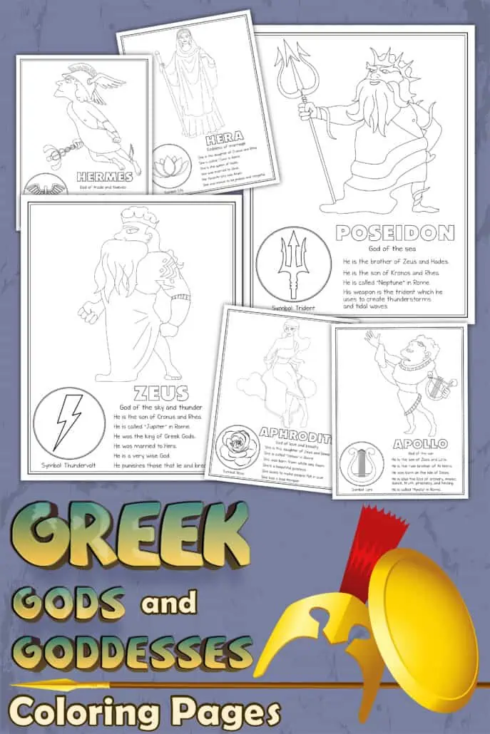 free printable Greek mythology coloring pages featuring gods and goddesses with helmet, shield, and spear