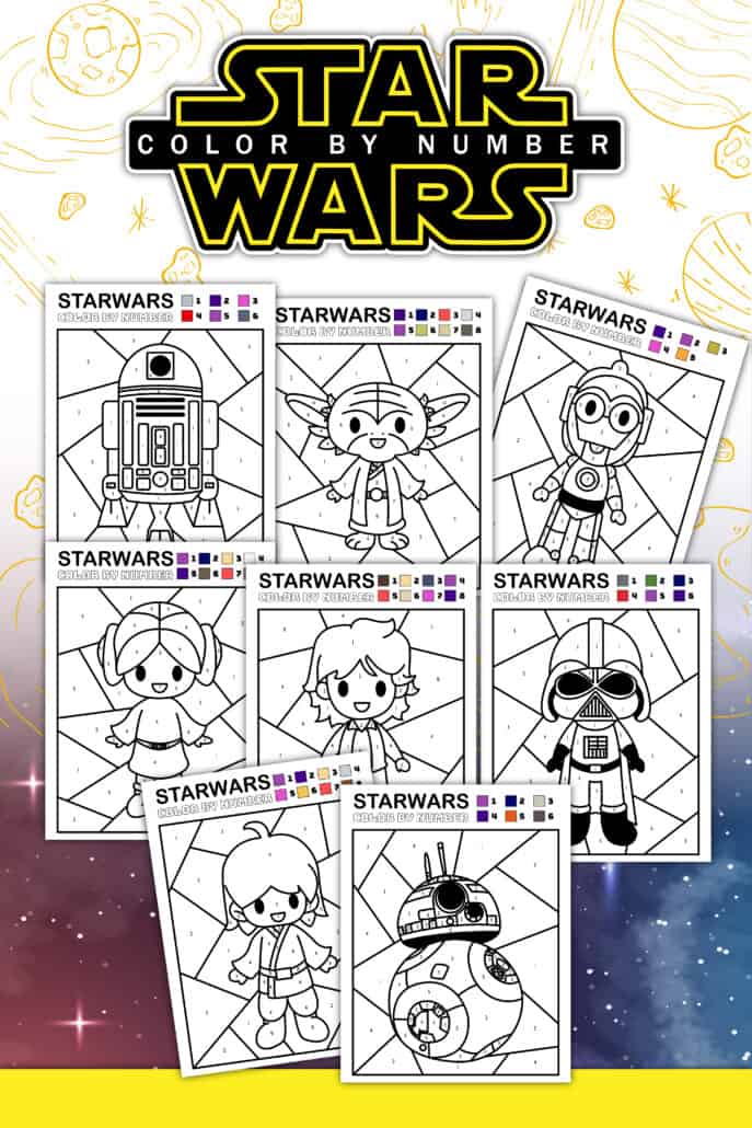 8 free printable Star Wars color by number pages featuring R2-D2, Yoda, C-3PO, Princess Leia, Luke Skywalker, Darth Vader, Han Solo, and BB-8 on colorful galaxy background