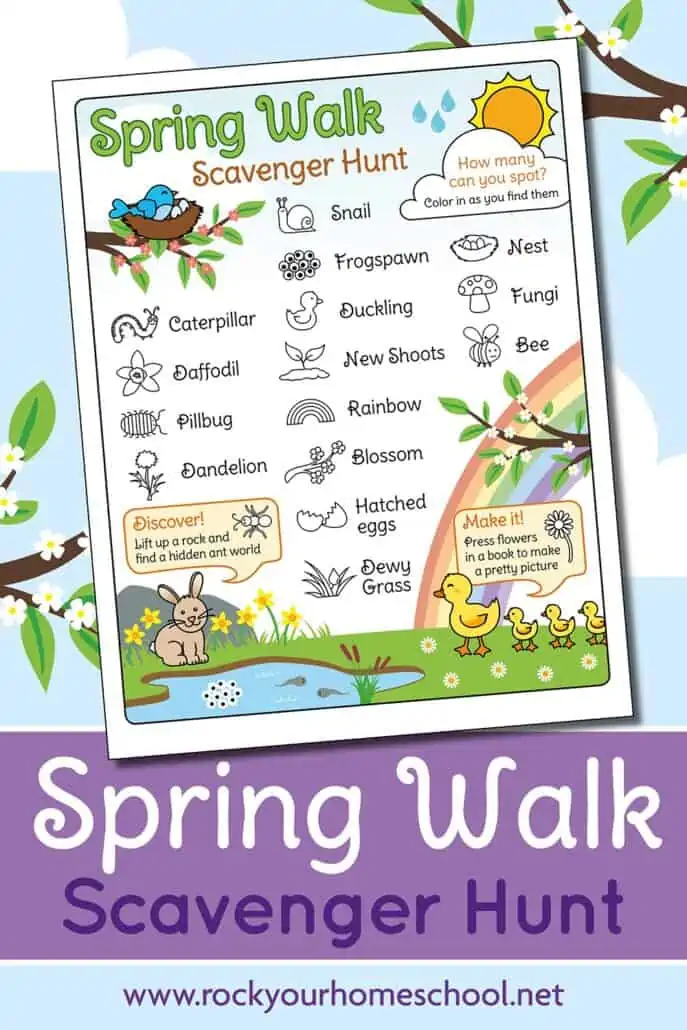 Spring Walk scavenger hunt printable on spring background
