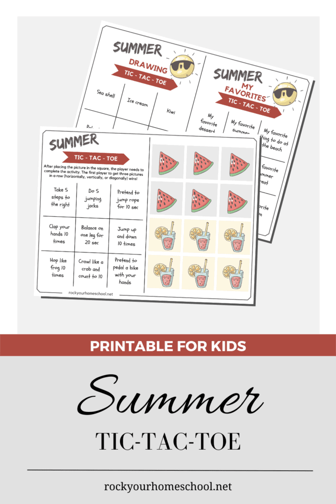 free printable summer games for kids featuring tic-tac-toe format with prompts for getting up and moving, drawing, and conversation starters