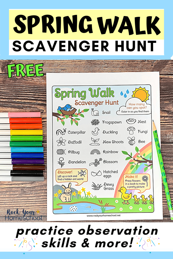 free printable Spring walk scavenger hunt with green pencil and rainbow of markers on wood background