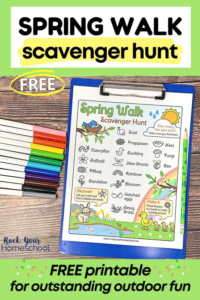 free printable Spring Walk scavenger hunt on blue clipboard with rainbow of markers on wood background