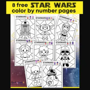 This free printable pack of 8 free Star Wars color by number pages are stellar ways to have coloring fun.