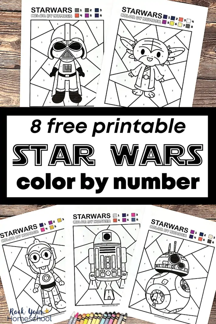 free Star Wars color by number pages featuring Darth Vader, Yoda, C-3PO, R2-D2, and BB-8 on wood background with rainbow of crayons