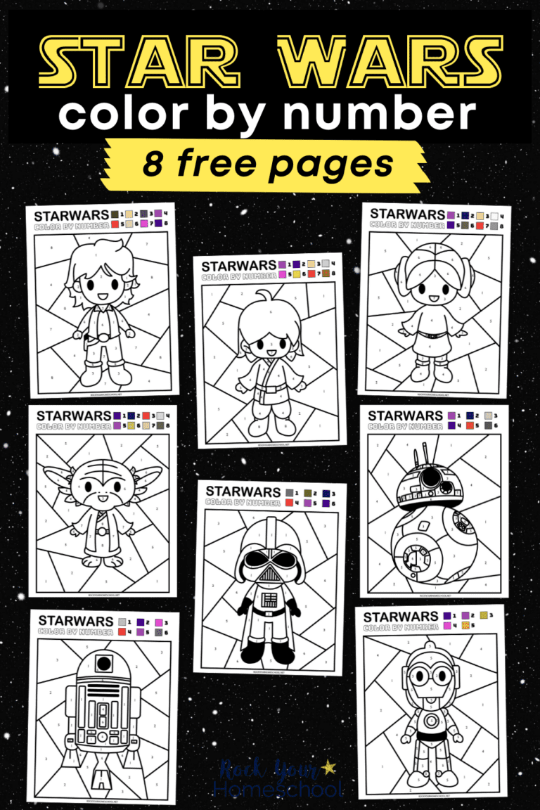 8 free printable Star Wars color by number pages featuring Han Solo, Luke Skywalker, Princess Leia, Yoda, Darth Vader, BB-8, R2-D2, and C-3PO on black galaxy background