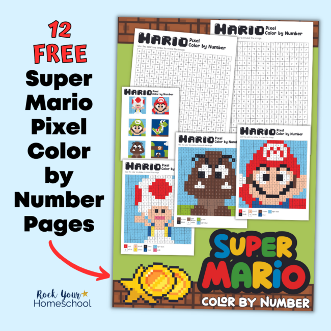 These 12 free Super Mario pixel color by number pages are fantastic ways to enjoy coloring fun at your parties, brain breaks, rainy days, & more.