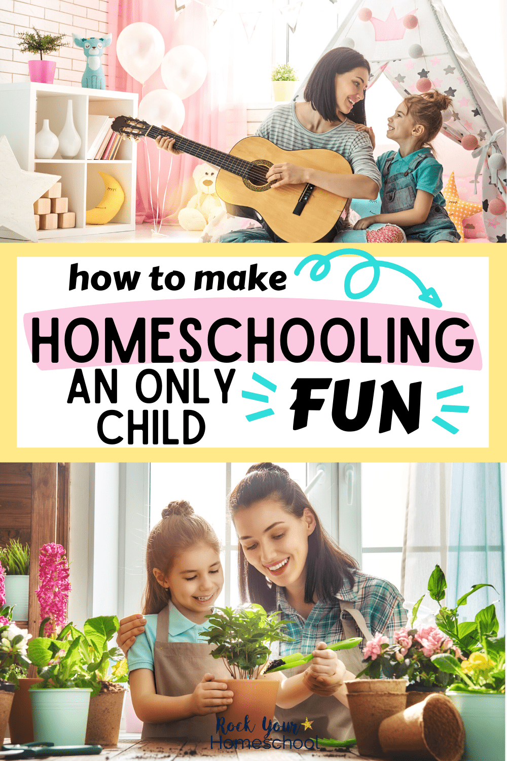 Mother smiling as she plays a guitar and daughter smiling and mother and daughter pair planting flowers to feature how homeschooling an only child can be fun