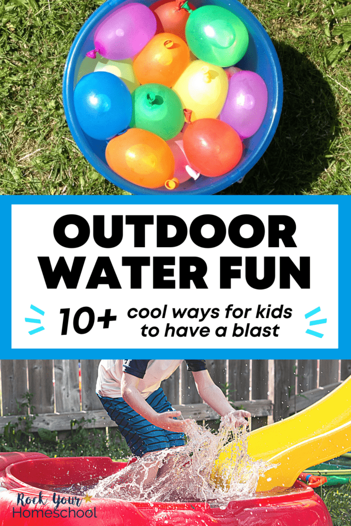 Blue plastic bucket filled with water balloons and boy standing in red pool filled with water and with yellow slide to feature these outdoor water fun for kids ideas