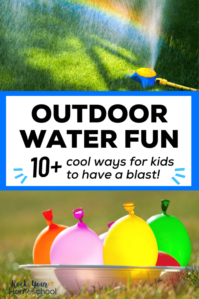 Child's water sprinkler with rainbow in water on grass and bowl of water balloons on grass to feature these outdoor water fun for kids ideas
