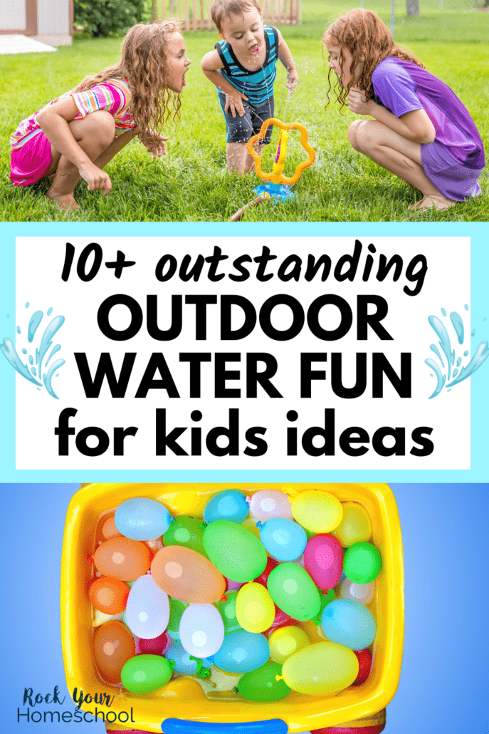 3 kids leaning towards a water sprinkler on summer day and yellow wagon filled with water balloons to feature these outdoor water fun for kids ideas