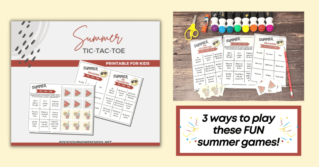 These 3 free printable summer games for kids are fantastic ways to enjoy special fun. These tic-tac-toe activities feature prompts for getting up and moving, drawing, and conversation starters. 