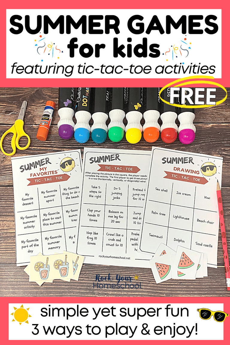 3 free printable summer games for kids featuring tic-tac-toe activities with watermelon and lemonade cards, red pencil, yellow scissors, glue stick, and rainbow of dot-a-dot markers