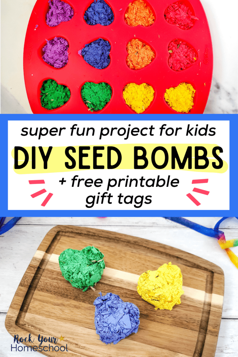 Red silicone mold with hearts filled with bright construction paper scraps and green, yellow, and blue heart-shaped seed bombs for kids on wood cutting board