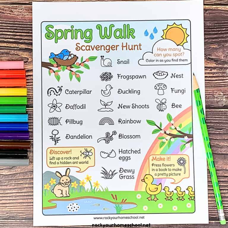 Example of spring walk scavenger hunt for kids with markers and green pencil.
