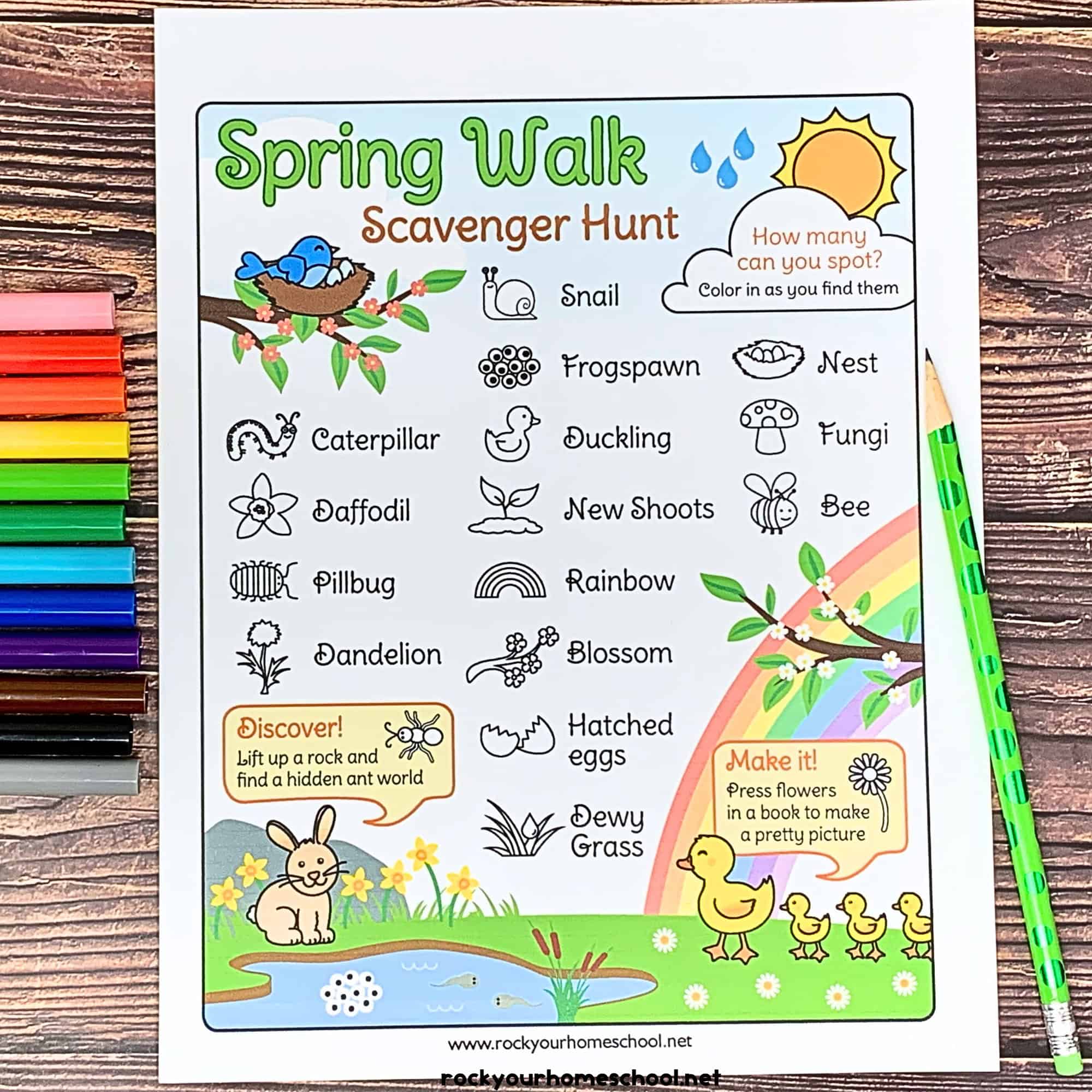 Example of spring walk scavenger hunt for kids with markers and green pencil.