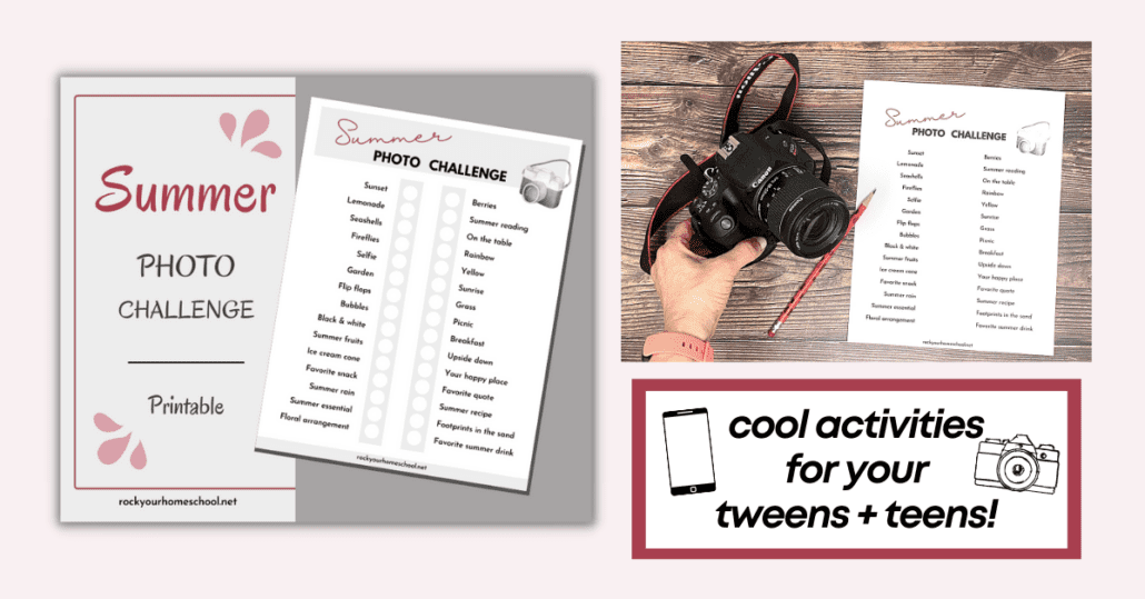 Your tweens and teens will have a blast with this free printable summer photo challenge filled with prompts to inspire creativity and more.